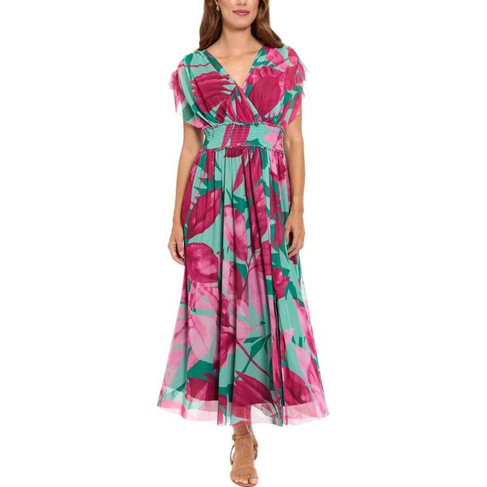 London Times Teal and Fuchsia Floral Midi Dress